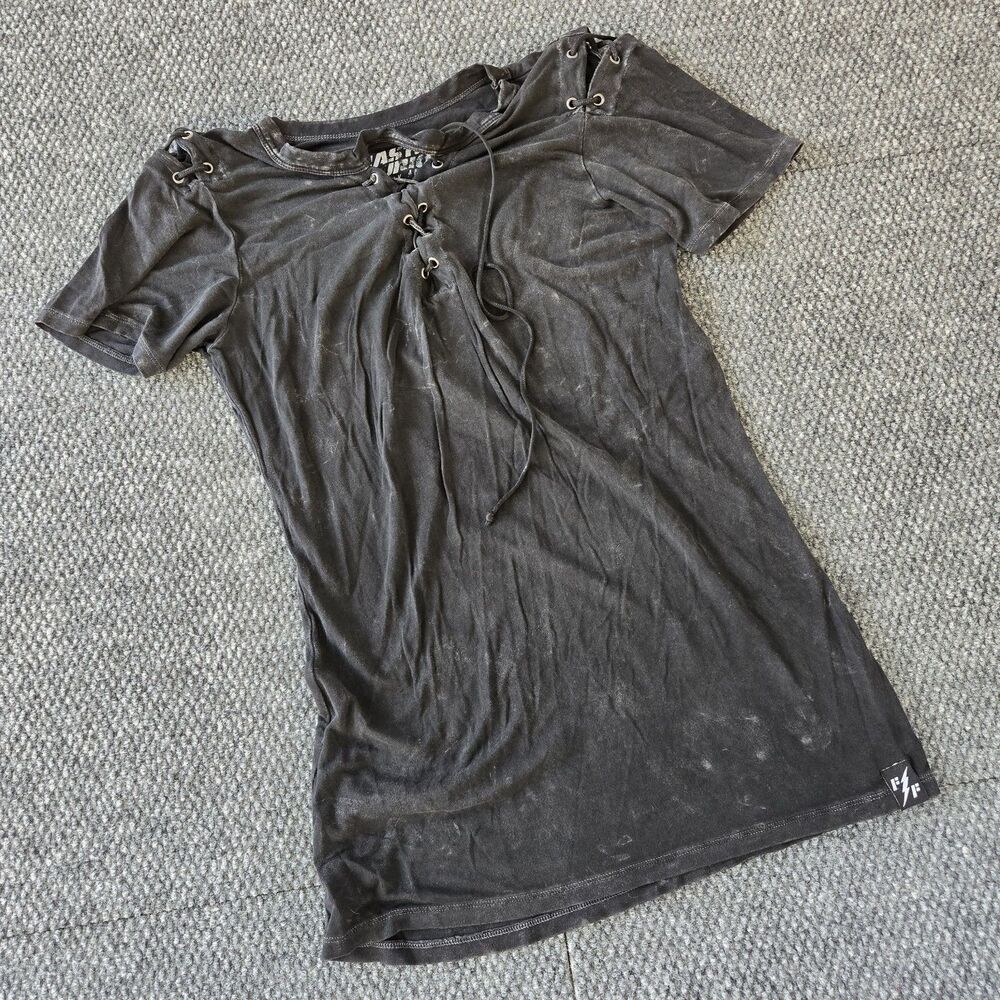 Fast & Furious by Affliction Washed Black Top Lace Up Shoulder Moto Grunge Shirt